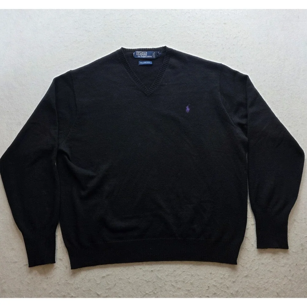 Polo Ralph Lauren Men's Black w Purple Pony Lambs Wool V-Neck Sweater. Size L